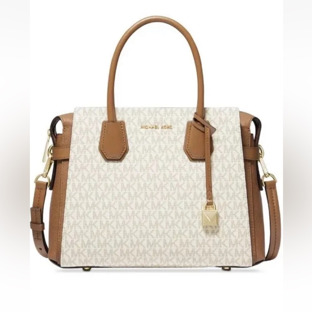 Michael Kors Mercer Belted Signature Vanilla/Acorn/Gold Satchel
